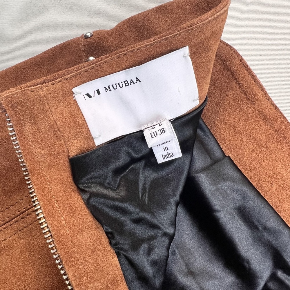 Muubaa 100% Suede Leather Mini Skirt Tan Western Boho Lace‎ Up Stud Detail Sz 10 - Picture 8 of 13